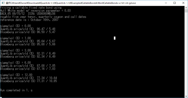 QuantLib CallableBonds.vcxproj Example Console Output