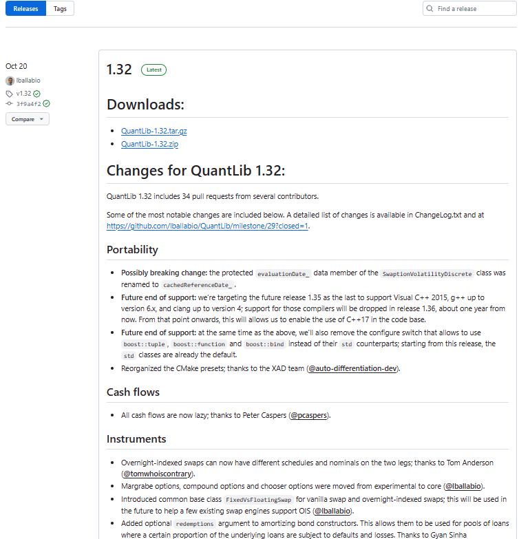 GitHubのQuantLibのダウンロードページ